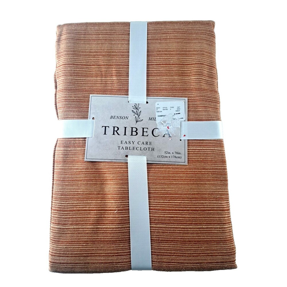 NEW Tribeca Tablecloth Oblong Textured Stripe Red Beige 52x70 Benson Mills